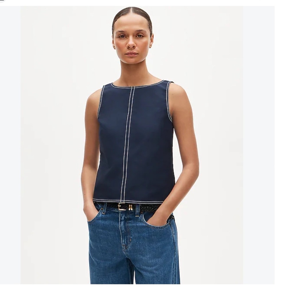 NEW J.Crew Womens Cotton Shell Top 0 Navy Contrast Stitch Poplin Preppy Classic